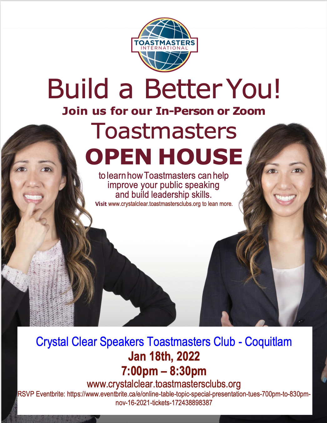 Crystal Clear Speakrs Toastmasters Club Open House Jan. 18th, 2022